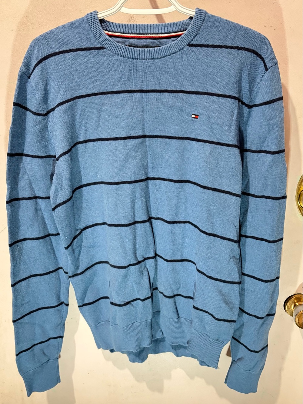 Tommy Hilfiger Light Blue Crewneck Sweater with Navy Stripes